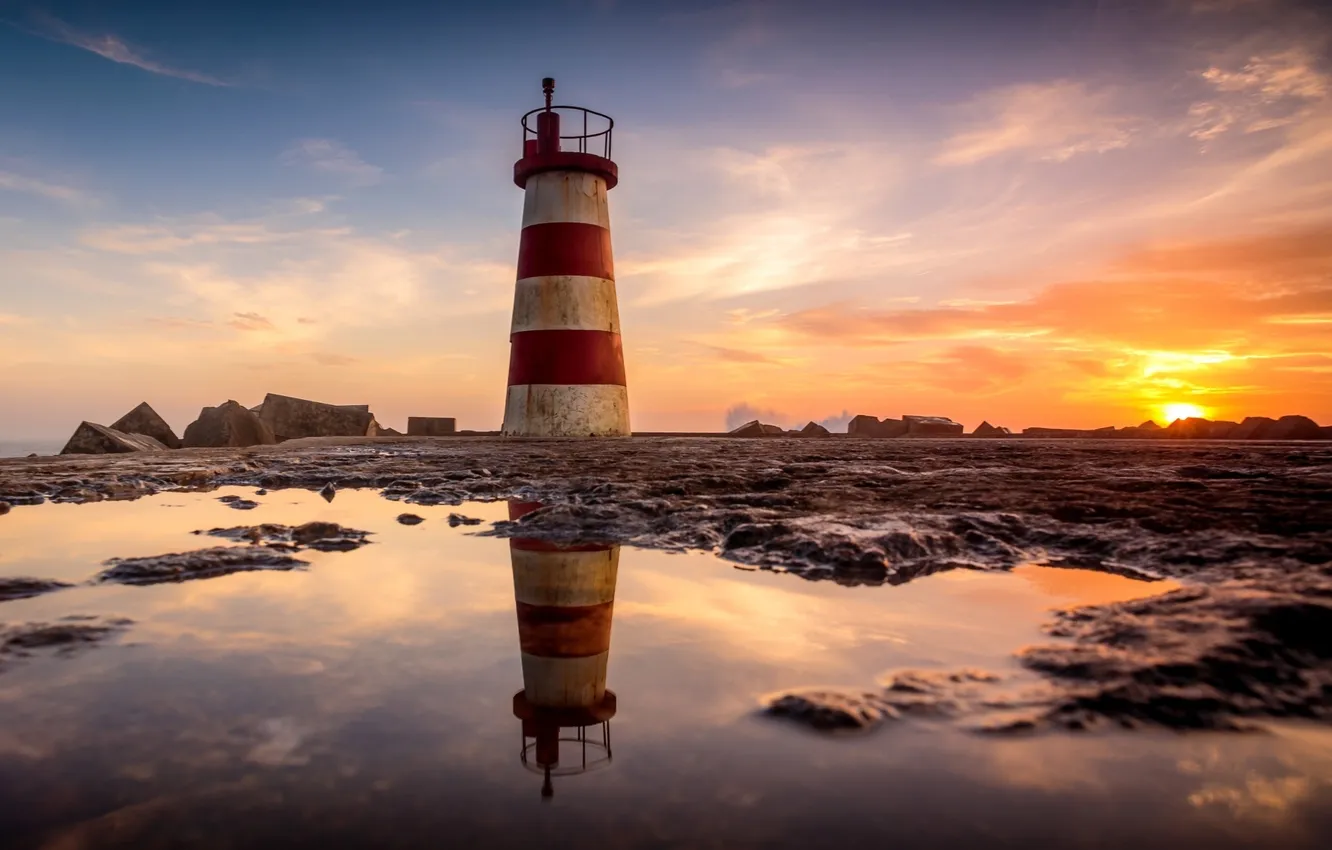 Photo wallpaper sea, the sky, landscape, lighthouse, sunset, portugal, póvoa