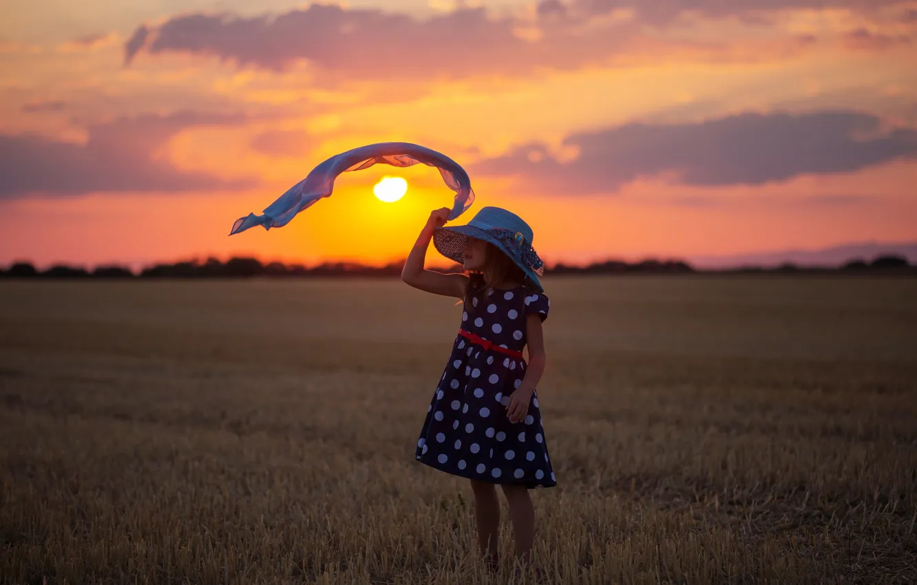 Photo wallpaper field, sunset, mood, hat, dress, girl, solitaire, the stubble