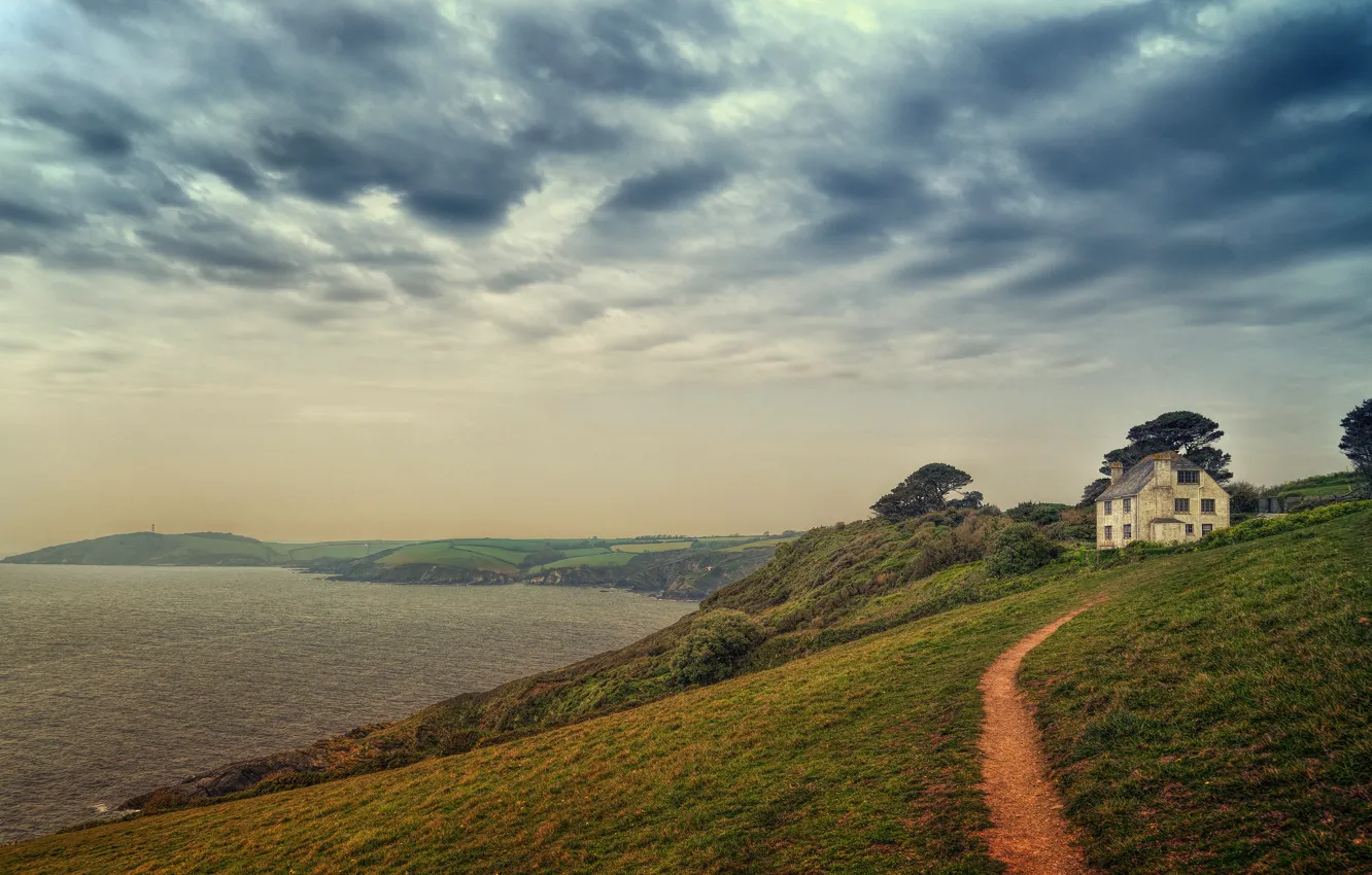 Photo wallpaper sea, summer, the sky, clouds, mountains, hills, shore, home