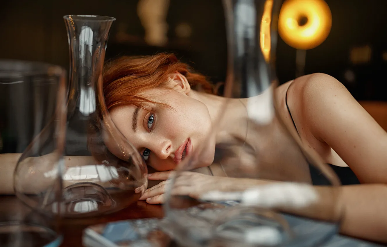 Photo wallpaper look, girl, table, red, vessels, Ivan Kovalev