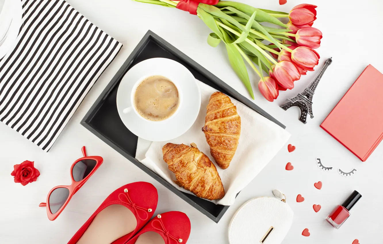 Photo wallpaper style, coffee, bouquet, glasses, shoes, Notepad, croissant