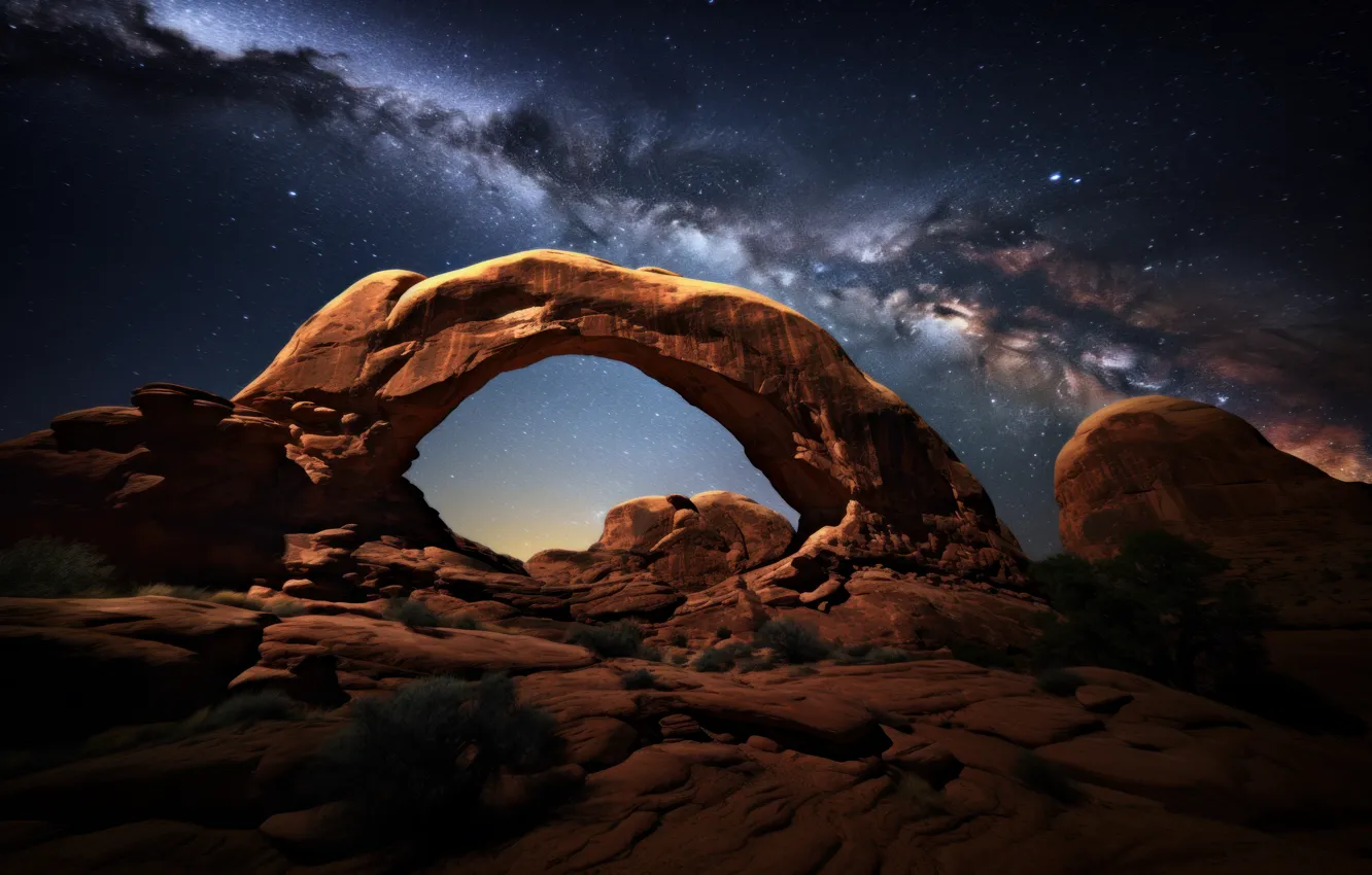 Photo wallpaper United States, nature, night sky, Utah, Arches National Park, rock formations, Milky Way arch