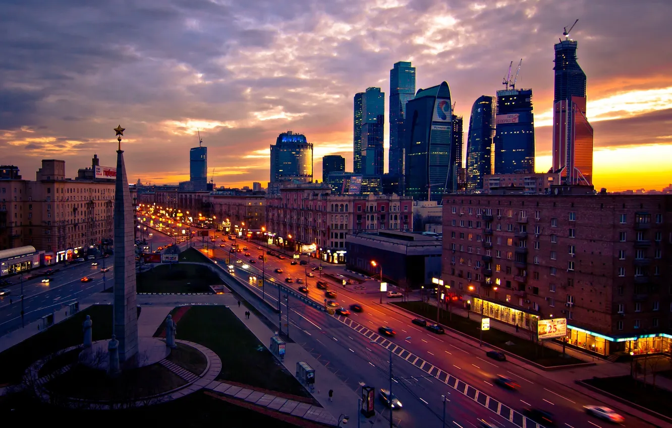 Photo wallpaper road, the sky, clouds, machine, the city, street, Moscow, Russia