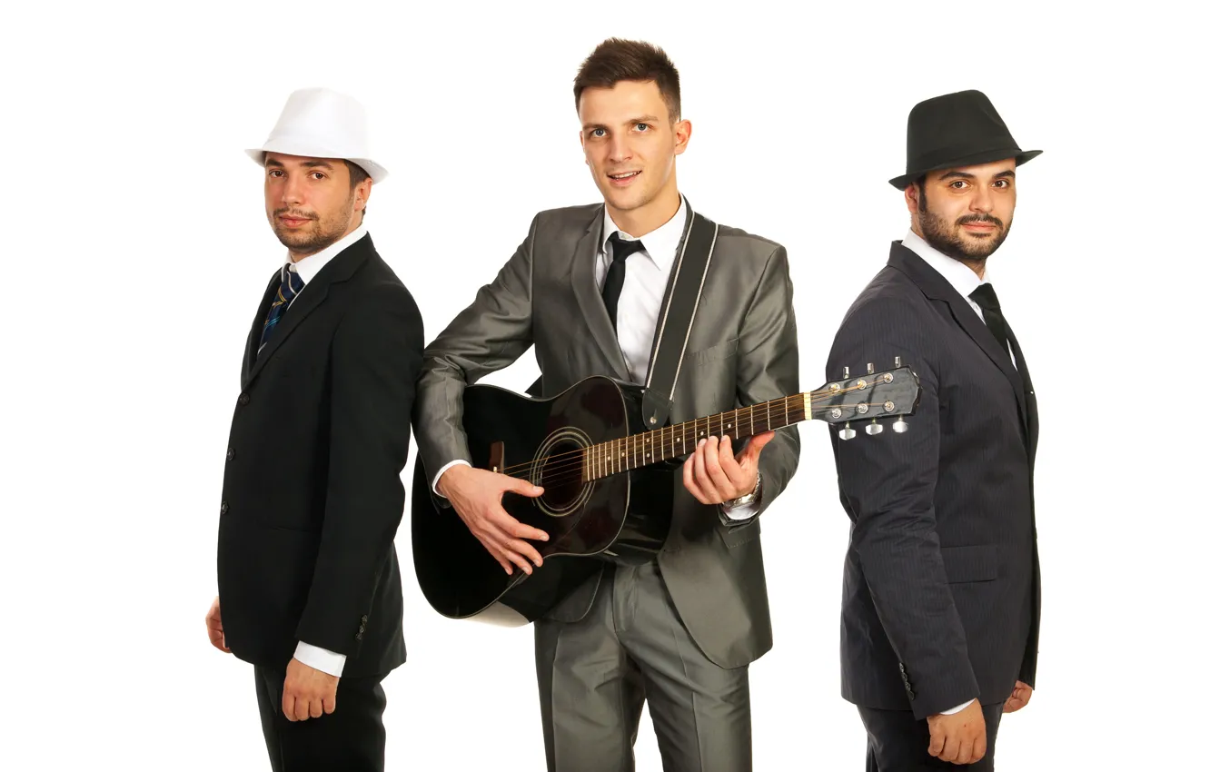 Photo wallpaper guitar, white background, trio, three, men, hats, costumes, ties