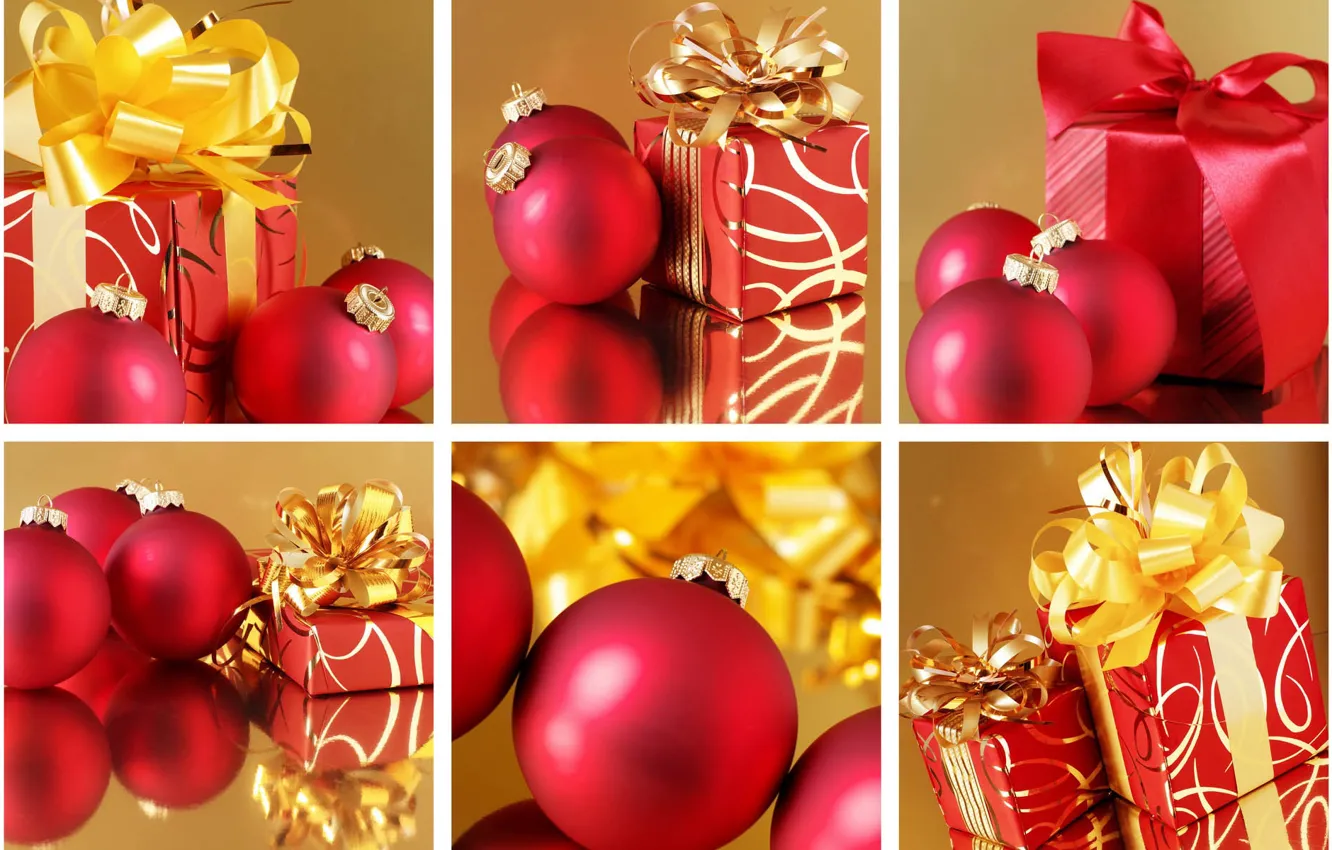 Photo wallpaper balls, red, collage, new year, gifts, gold