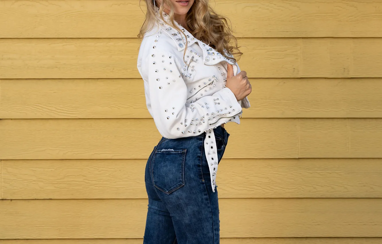 Photo wallpaper pose, feet, jeans, jacket, blonde, Daisy