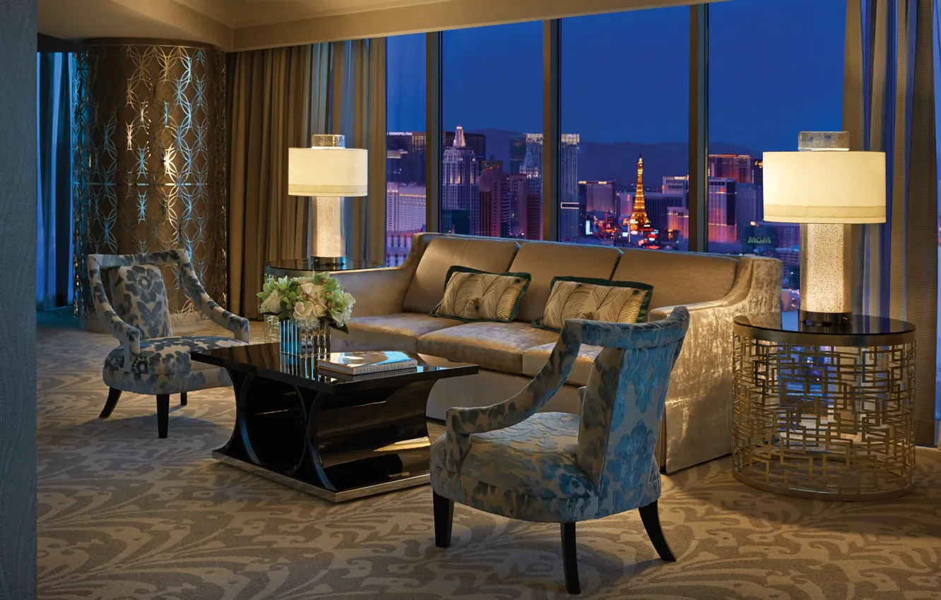 Photo wallpaper interior, the hotel, view, living room, Suite, suite, Living Room at Night, Presidential Strip