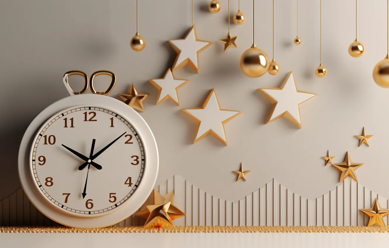Photo wallpaper stars, balls, time, watch, new year, Christmas, dial, light background