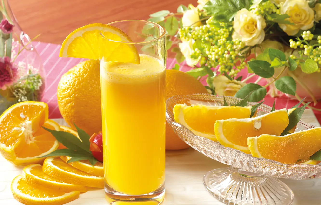 Photo wallpaper flowers, glass, oranges, juice