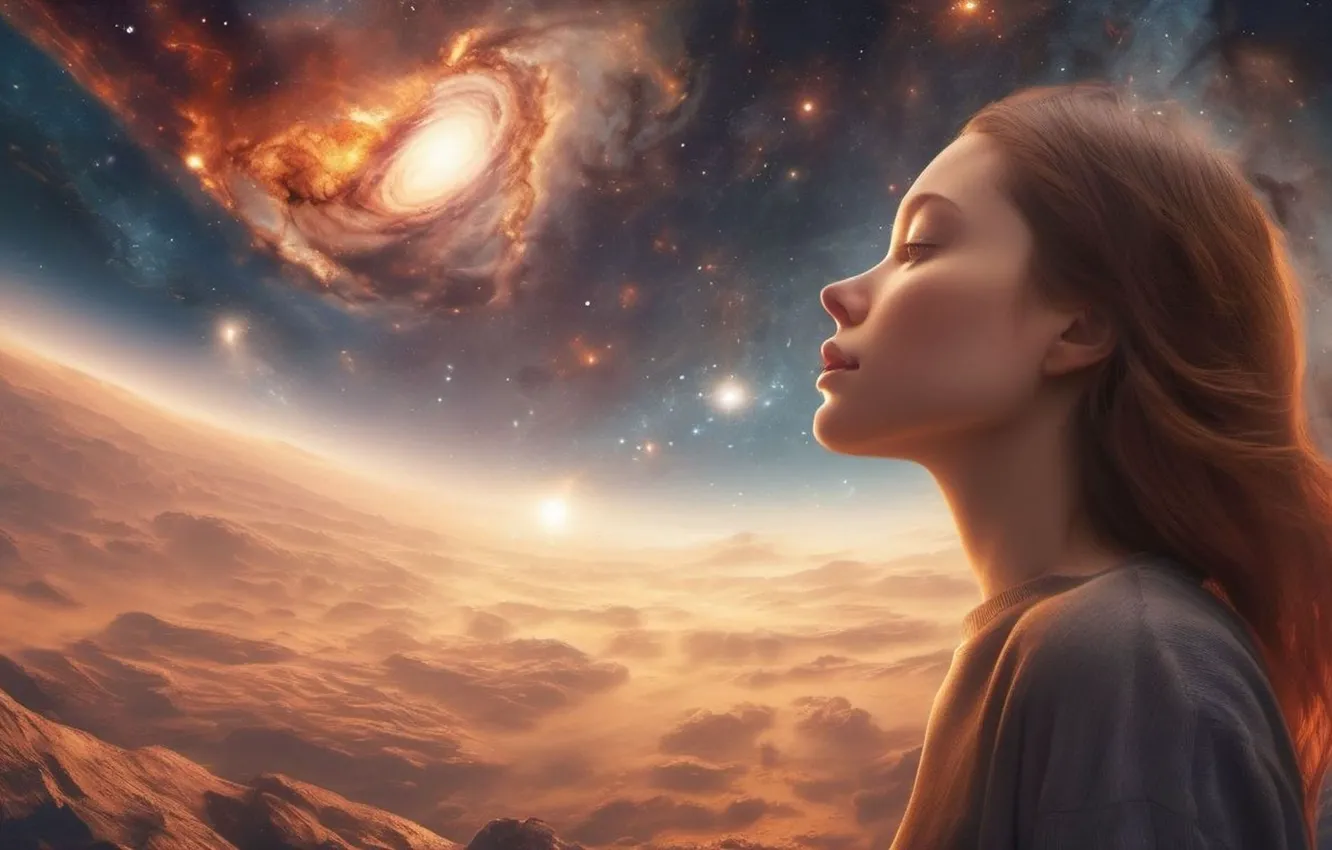 Photo wallpaper dream, clouds, space, the universe, galaxy, red hair, Nega, digital art