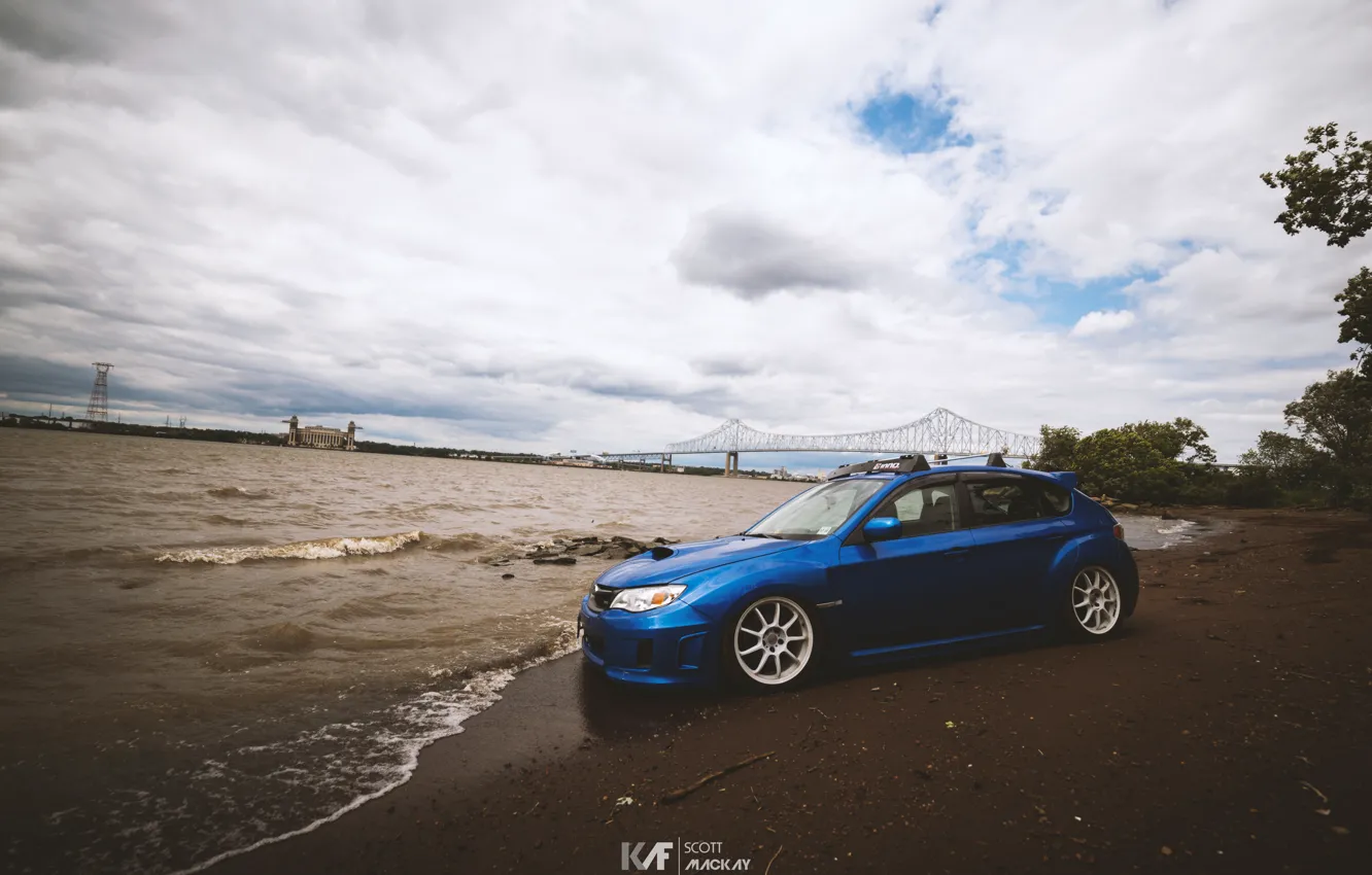 Photo wallpaper sea, bridge, overcast, subaru, blue, wrx, impreza, Subaru