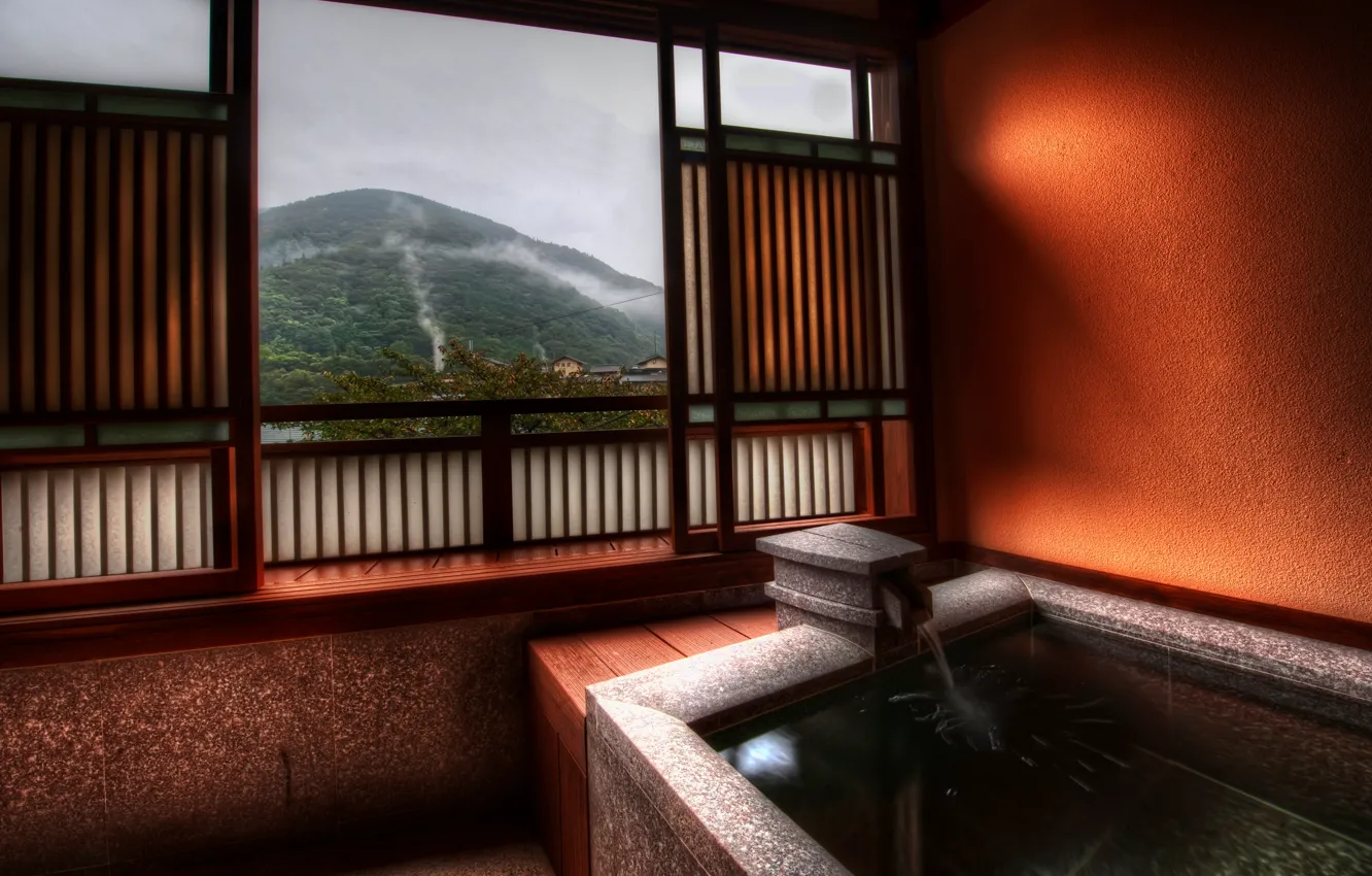 Photo wallpaper Japan, mountain, bathroom, the view from the window