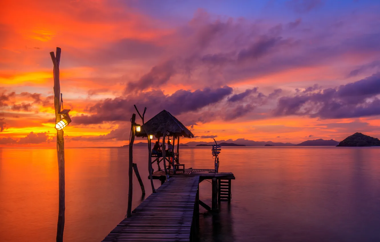 Photo wallpaper sea, beach, summer, sunset, pierce, summer, beach, sea