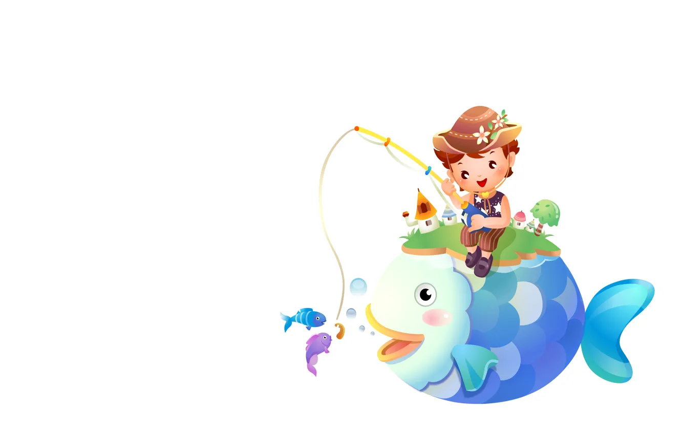 Photo wallpaper fishing, fish, boy, art, rod, children's