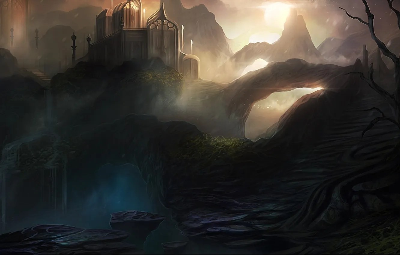 Photo wallpaper trees, landscape, the city, waterfall, fantasy, art, arch, stage