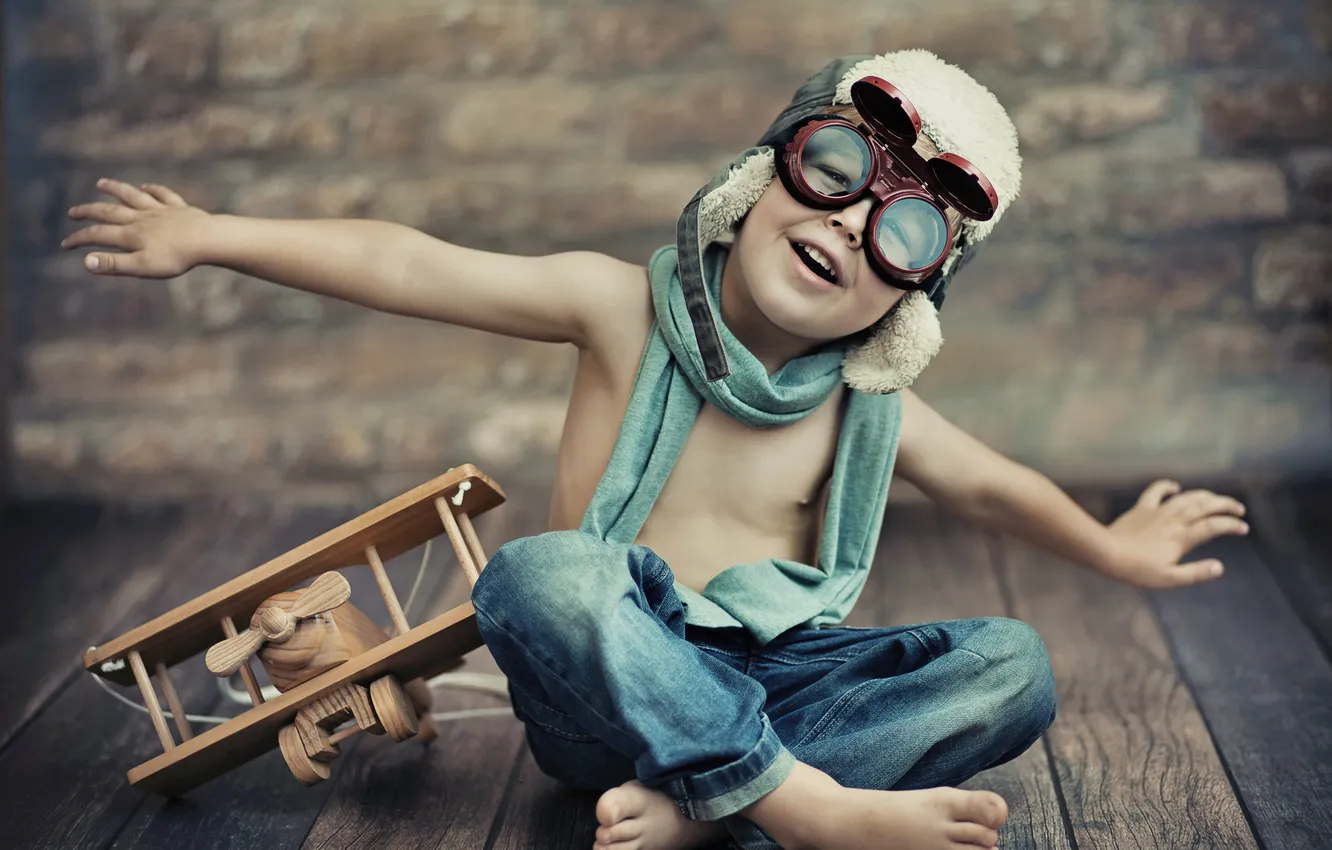 Photo wallpaper toy, jeans, boy, glasses, the airplane, helmet, the plane