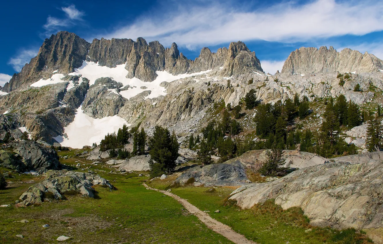 Photo wallpaper the sky, clouds, trees, mountains, path