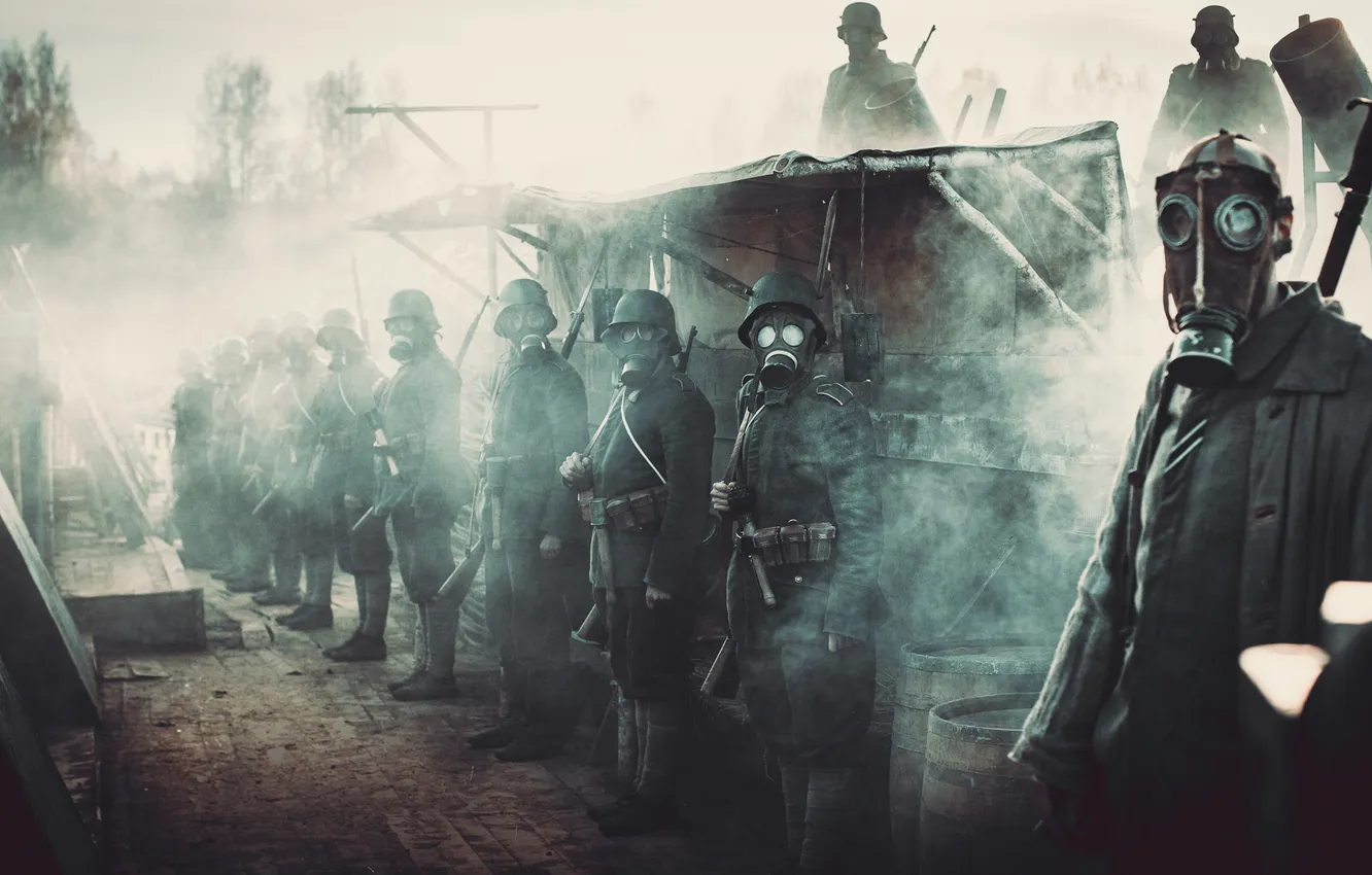 Photo wallpaper weapons, smoke, soldiers, Stroy, the Germans, masks, The first world war, the trench