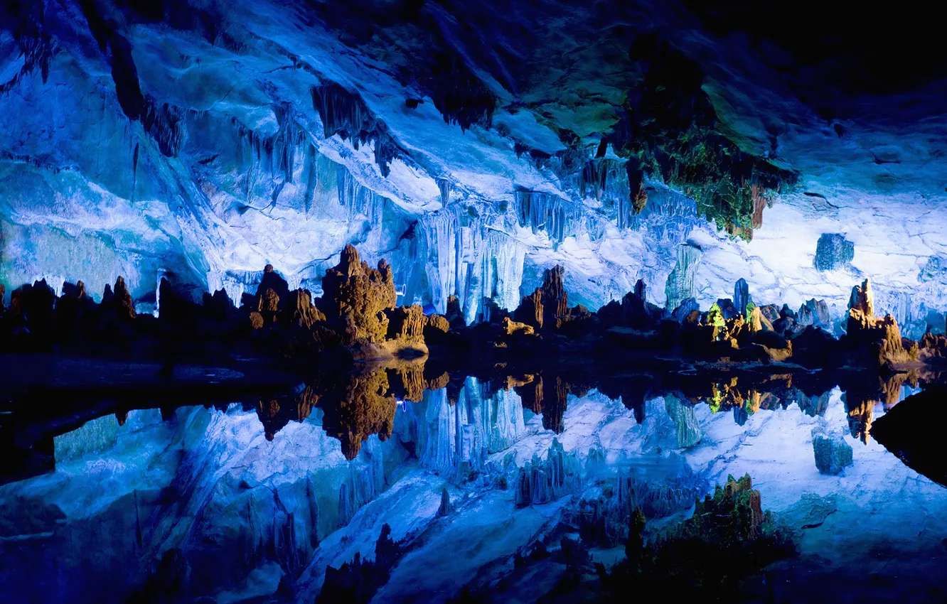 Photo wallpaper water, surface, reflection, mirror, cave, relief, the grotto, stalactites