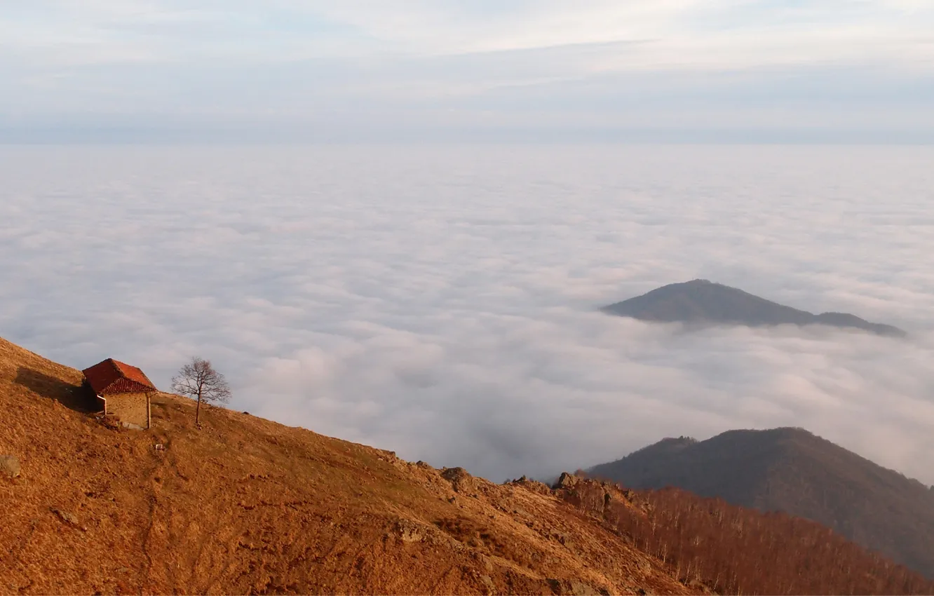Photo wallpaper clouds, mountains, hills, view, height, home, house, buildings