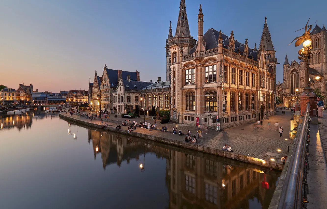 Photo wallpaper Belgium, promenade, water channel, Ghent