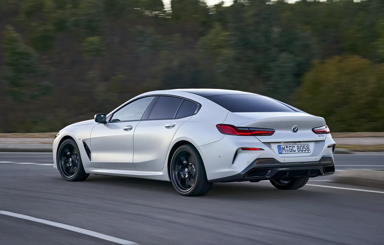 Photo wallpaper forest, white, coupe, speed, BMW, Gran Coupe, 840i, 8-Series