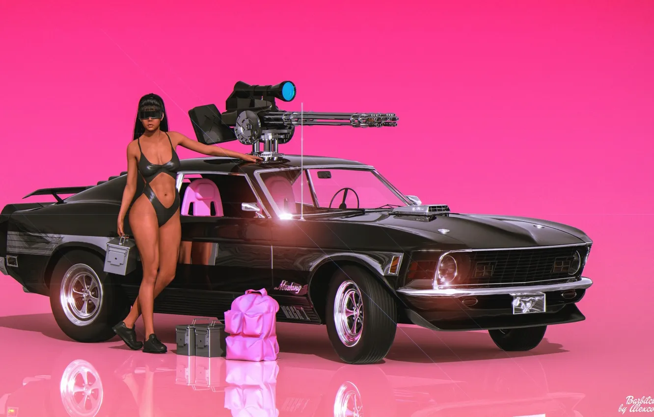 Photo wallpaper girl, cars, pink background