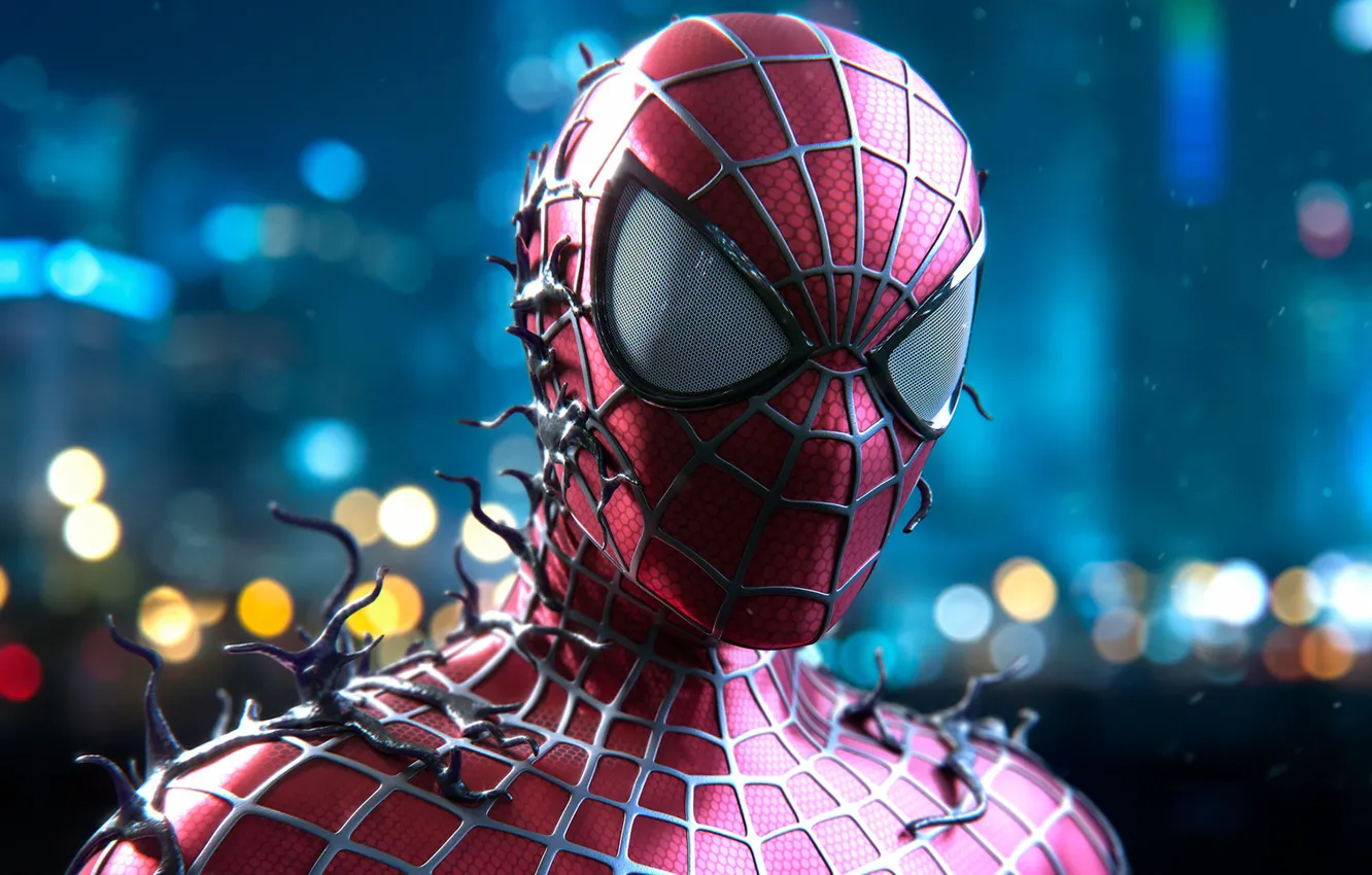 Photo wallpaper glare, background, art, costume, comic, bokeh, Spider-man, fan art