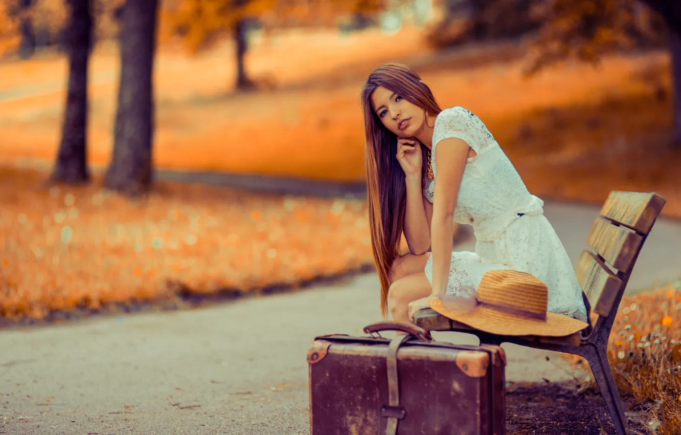 Photo wallpaper girl, Park, suitcase