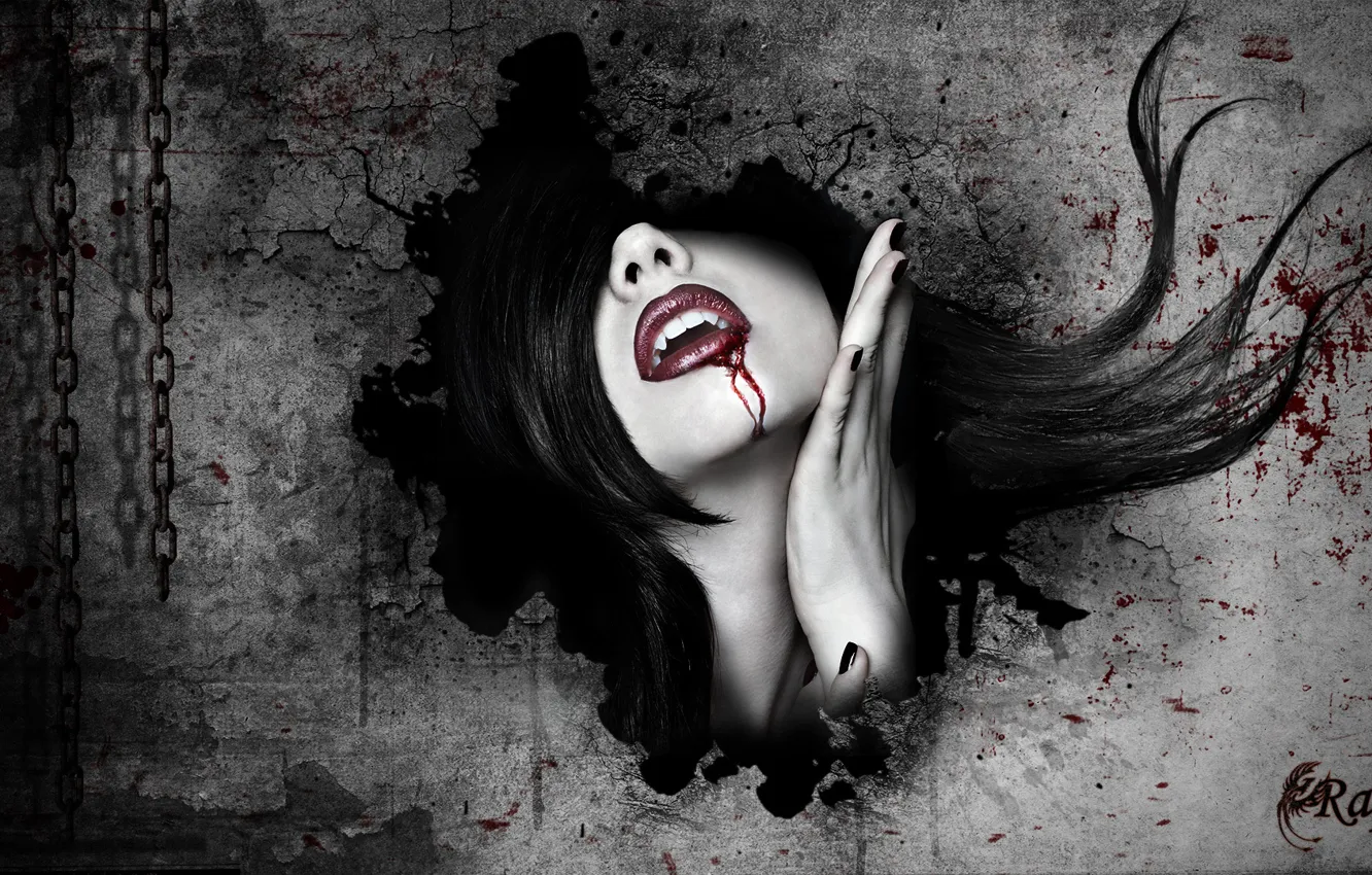 Photo wallpaper girl, face, wall, blood, vampire