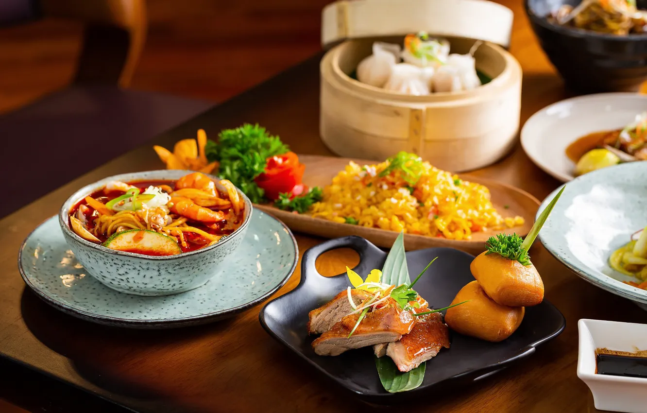 Photo wallpaper vegetables, dish, figure, greens, shrimp, meat