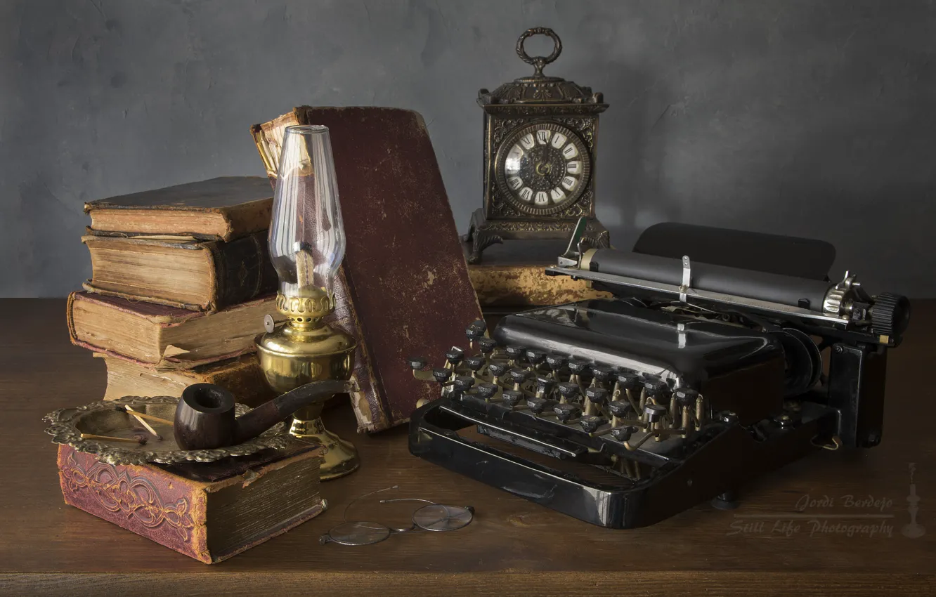 Photo wallpaper watch, books, lamp, tube, glasses, typewriter, still life