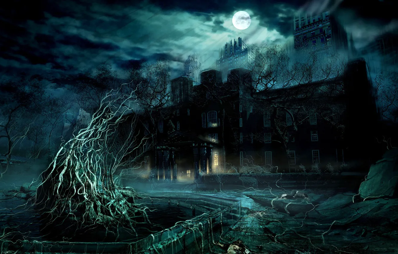 Photo wallpaper castle, Night, the full moon, damn place