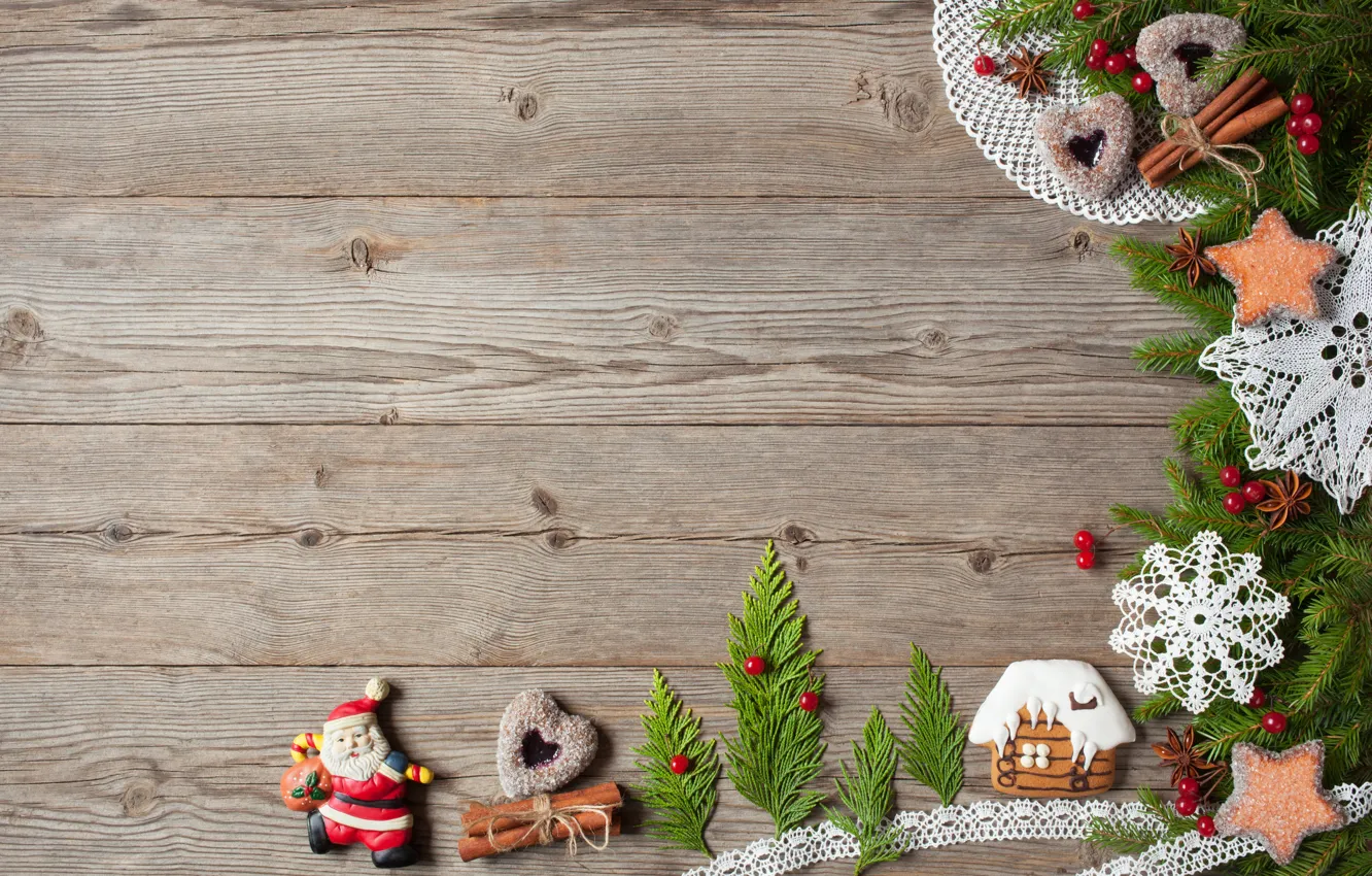 Photo wallpaper decoration, berries, tree, New Year, cookies, Christmas, snowmen, fruit
