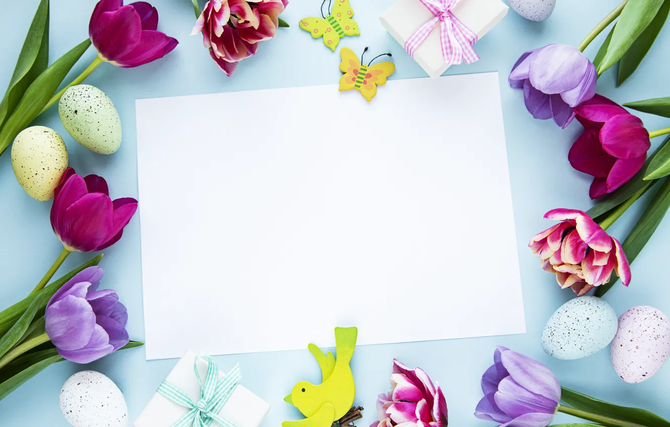 Photo wallpaper flowers, background, eggs, spring, colorful, Easter, tulips, pink