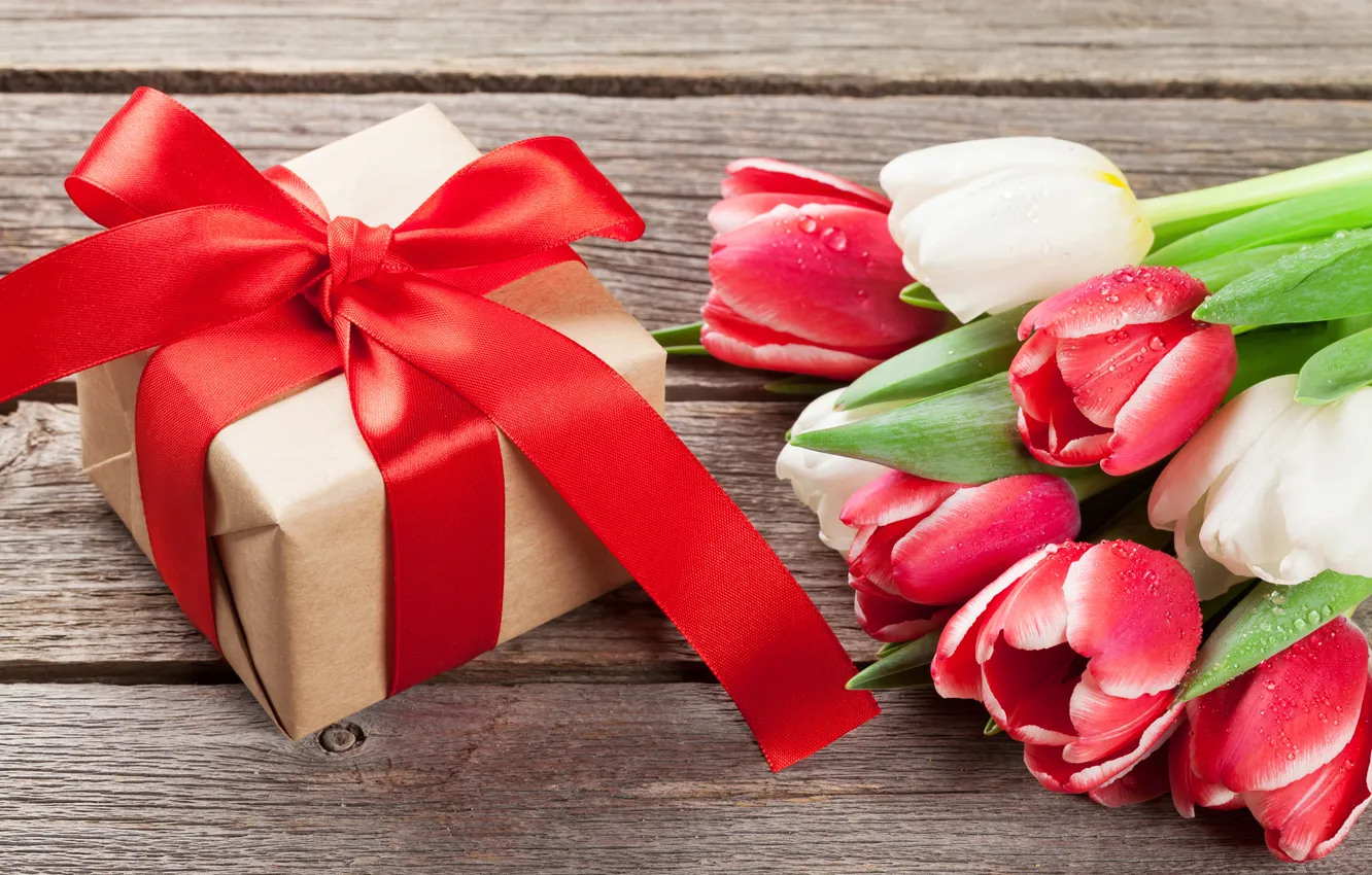 Photo wallpaper flowers, gift, bouquet, tulips, red, love, white, wood