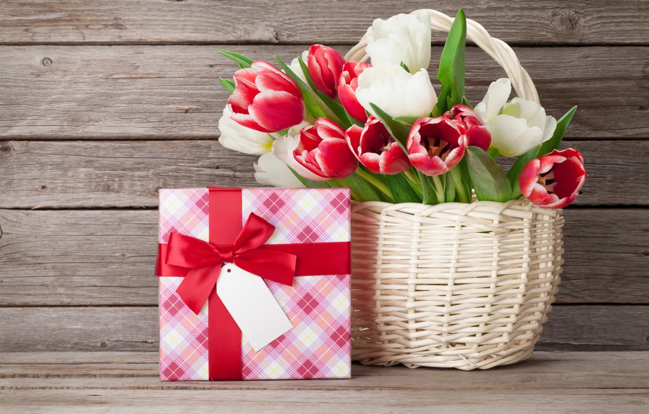 Photo wallpaper flowers, gift, bouquet, tulips, red, love, white, wood