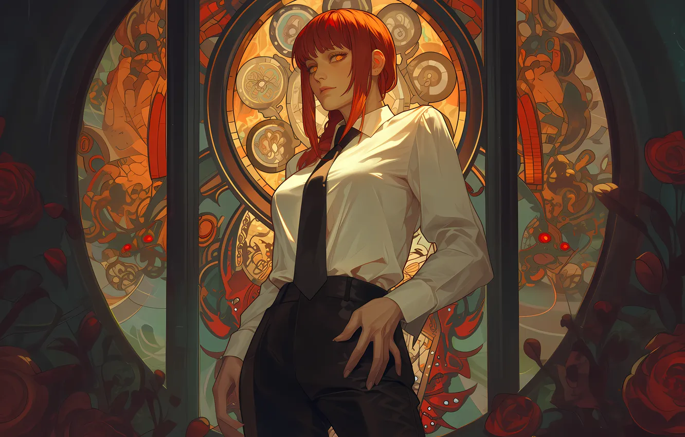 Photo wallpaper anime, red hair, anime, redhead, yellow eyes, stained glass, looking at viewer, Chinese architecture