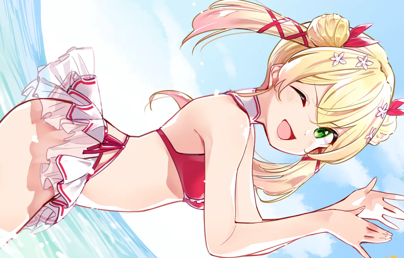 Photo wallpaper girl, sexy, beach, green eyes, sea, anime, water, beautiful