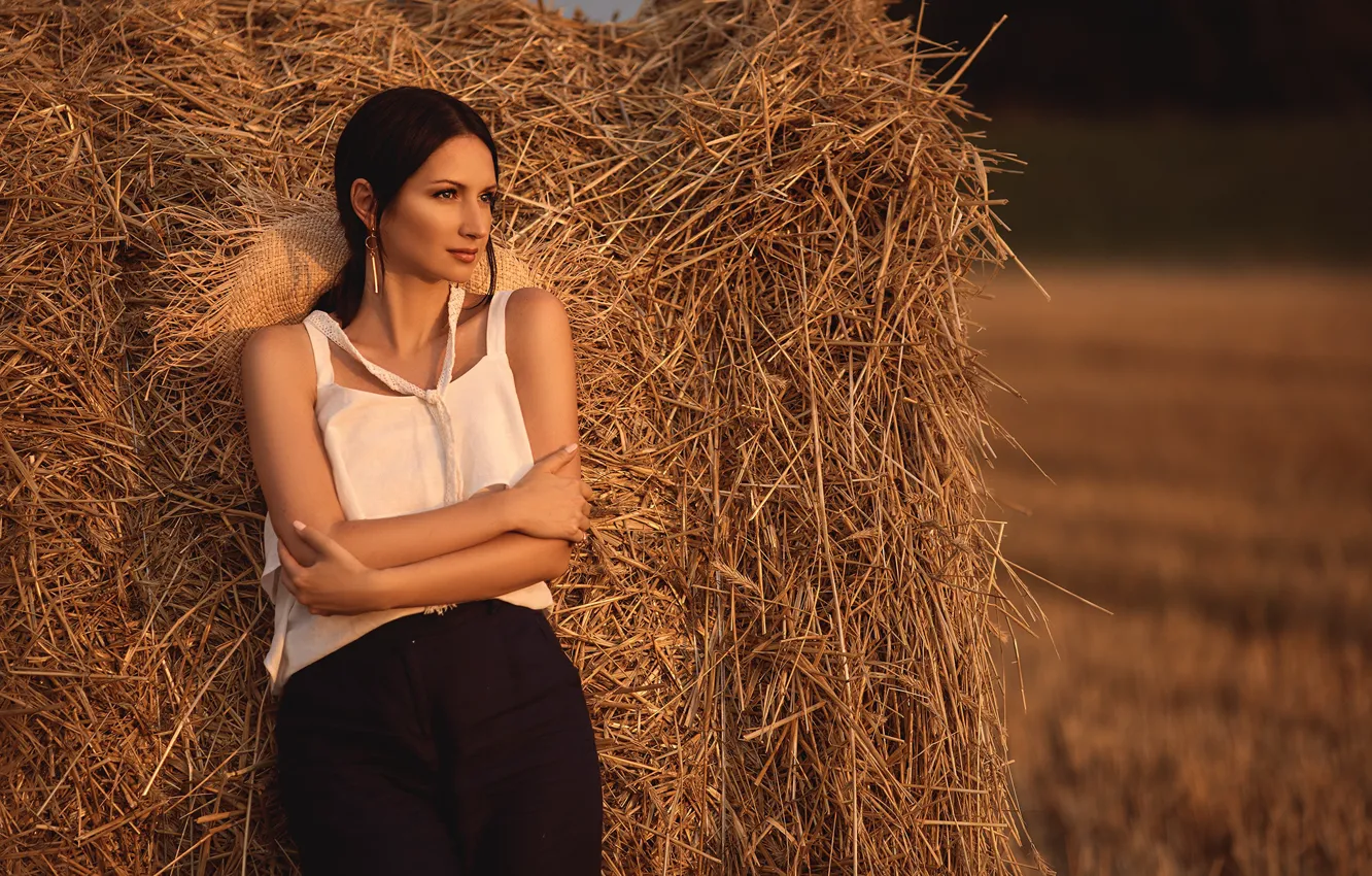 Photo wallpaper look, girl, nature, stack, brunette, hay, blouse, top