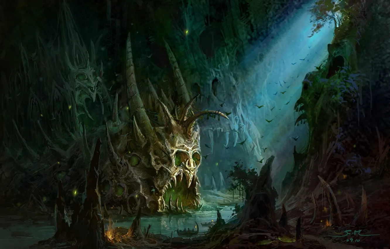 Photo wallpaper light, river, rocks, boat, head, art, mouth, cave