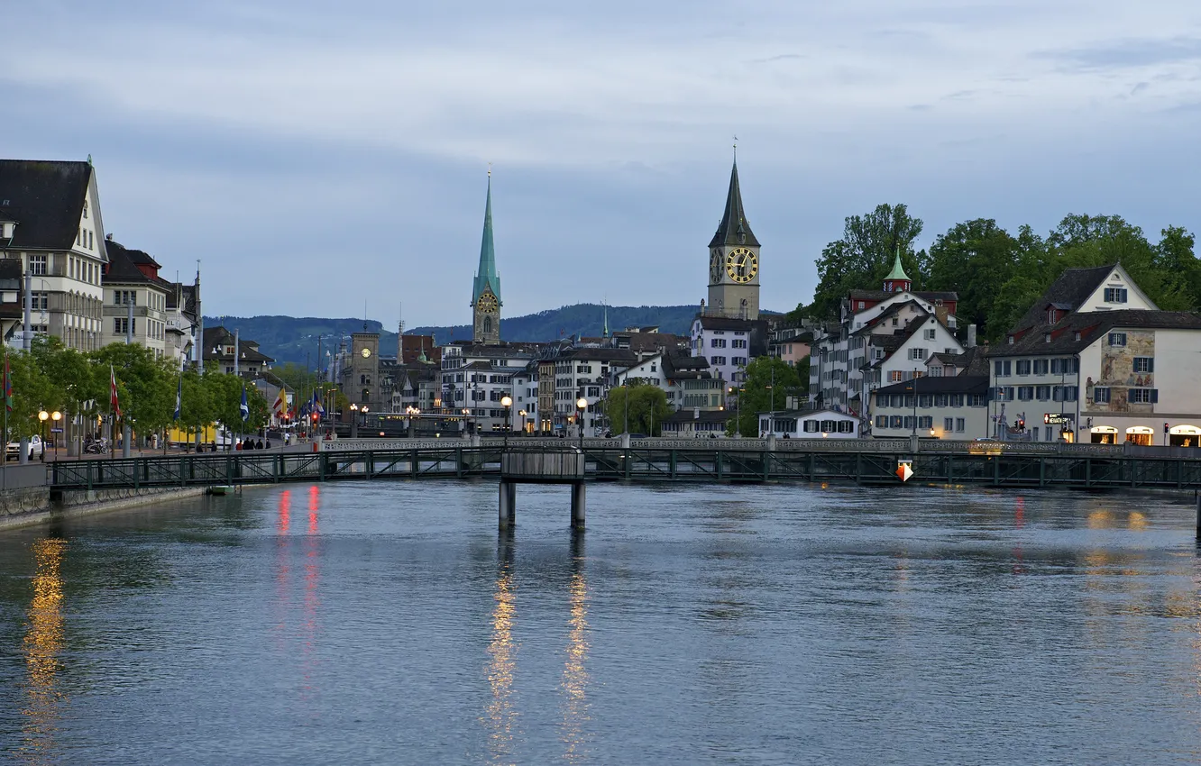 Photo wallpaper the sky, trees, bridge, river, tower, home, the evening, Switzerland