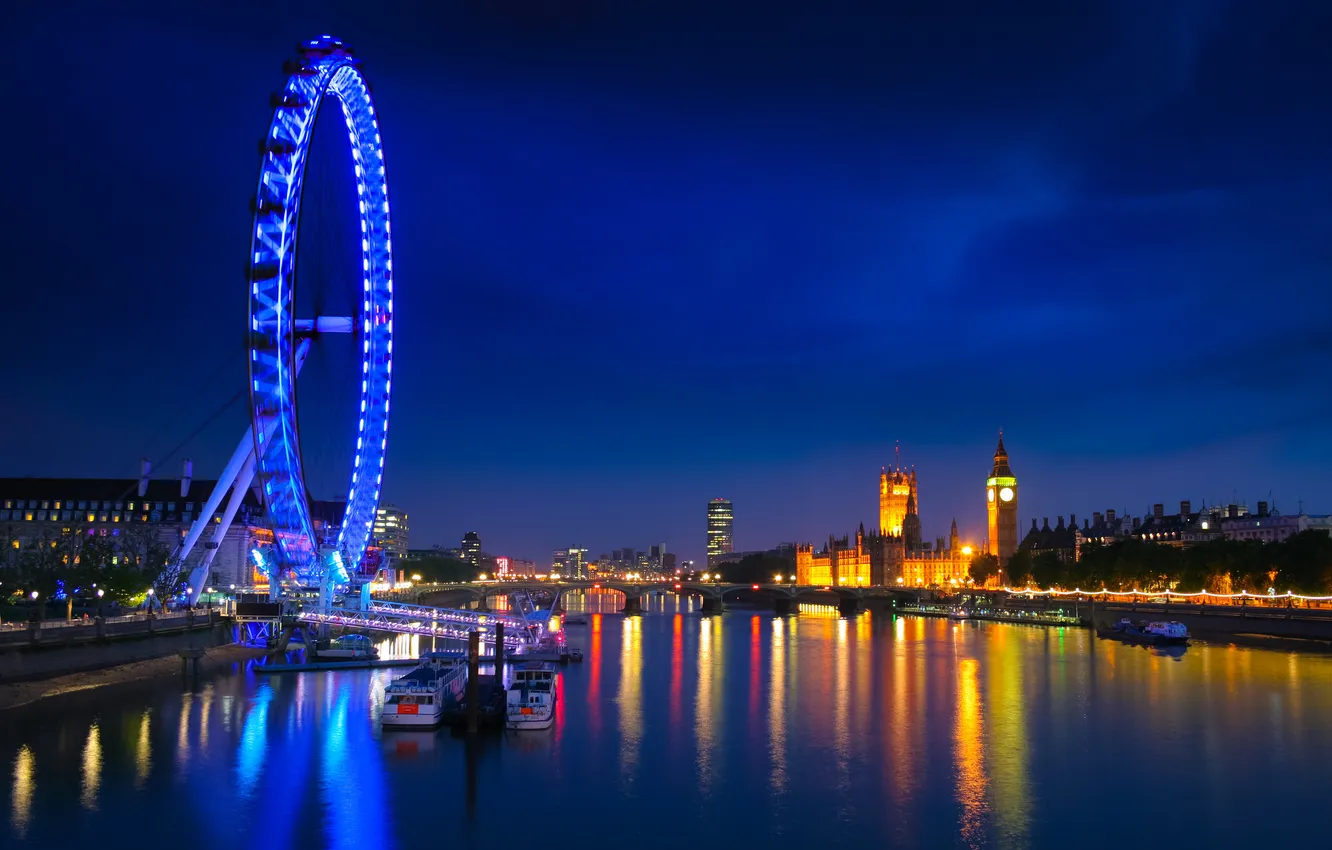 Photo wallpaper night, lights, river, England, London, wheel, Thames