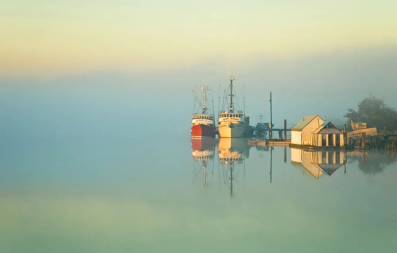 Photo wallpaper sea, the sky, trees, fog, lake, reflection, ship, morning