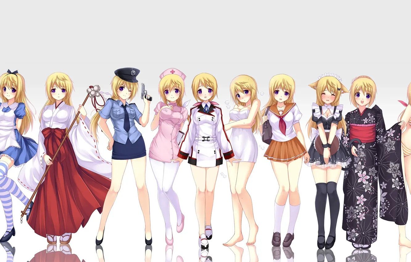 Photo wallpaper girls, Alice, schoolgirl, kimono, priestess, nurse, police, striped stockings