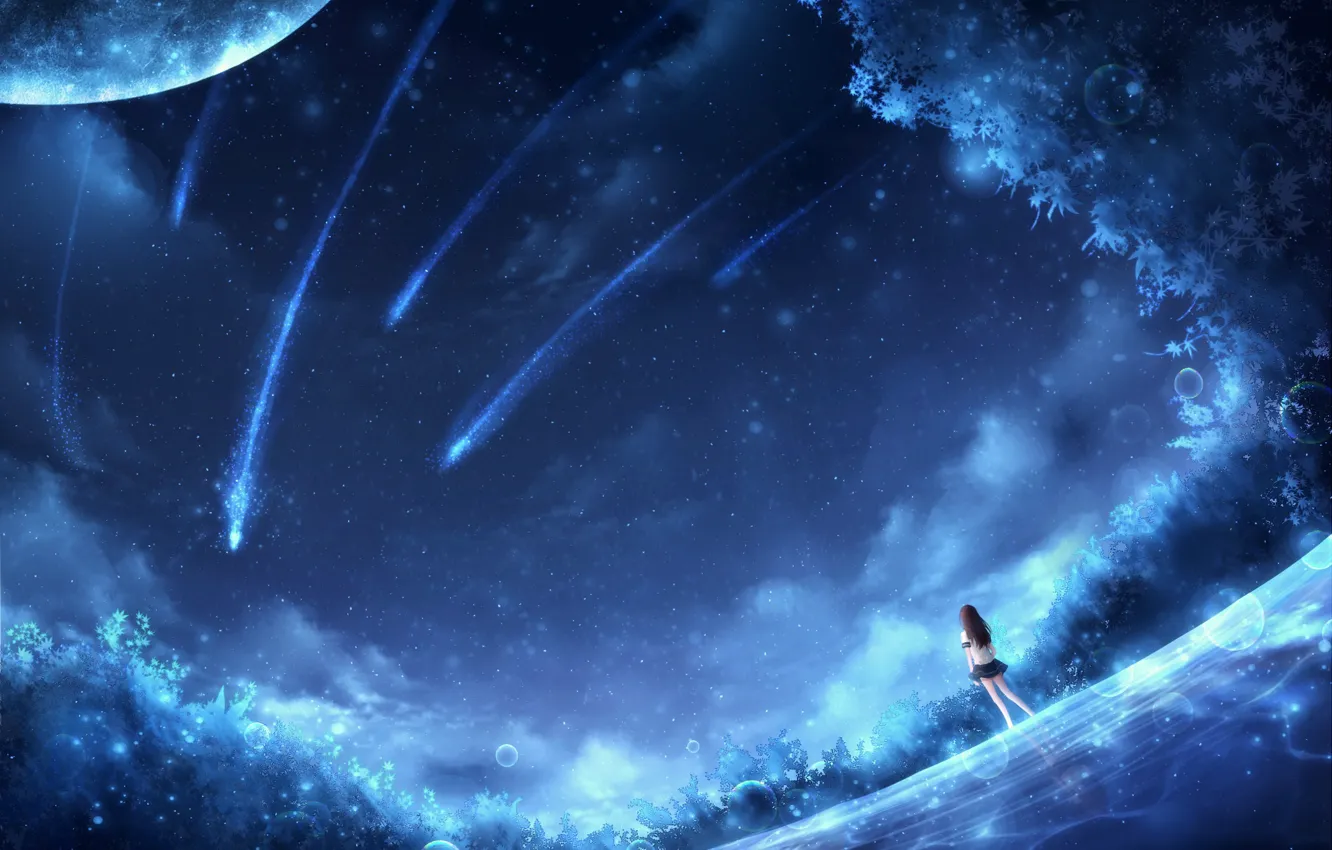 Photo wallpaper girl, space, fiction, OR, falling stars