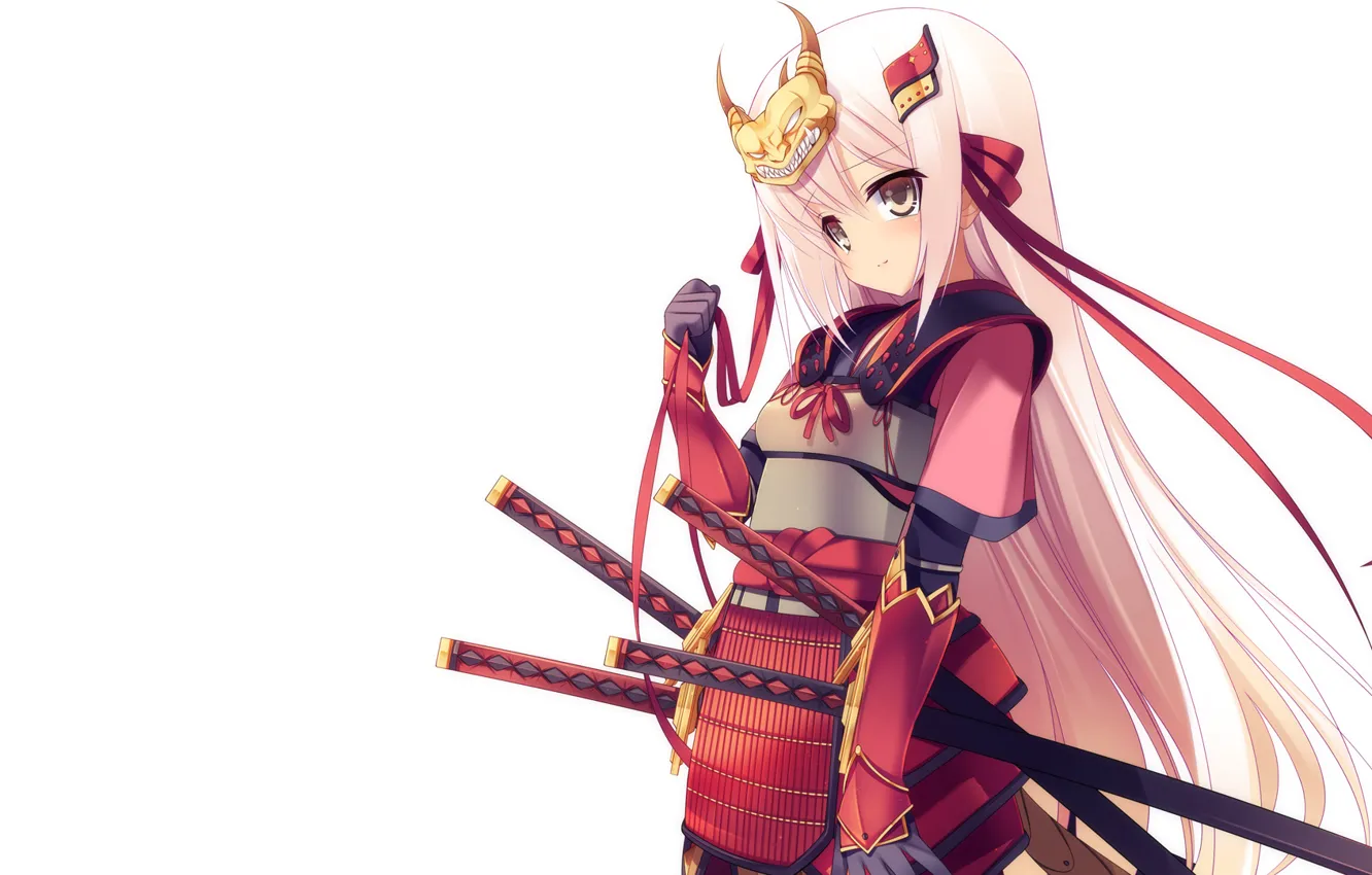 Photo wallpaper katana, armor, mask, samurai, white background, horns, baby, red ribbon