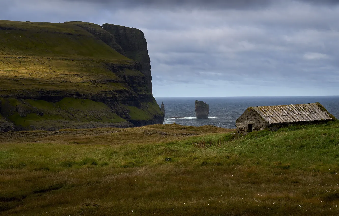 Photo wallpaper sea, field, mountains, rocks, house, farm