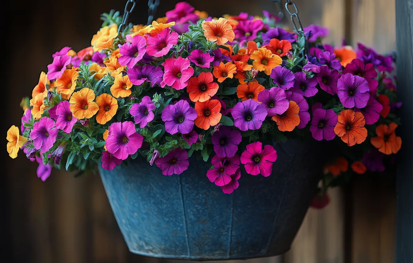Photo wallpaper summer, flowers, bright, garden, colorful, Petunia, pots, AI art