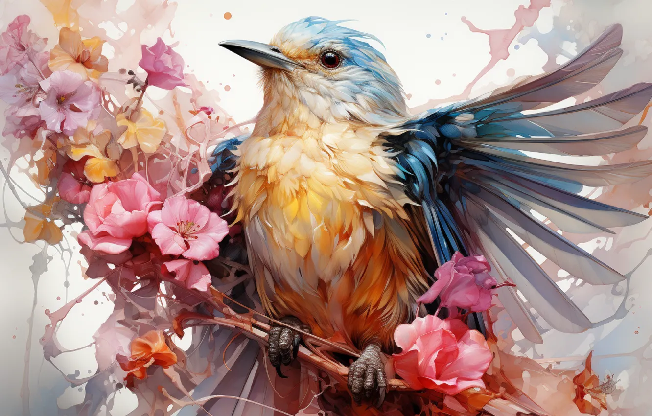 Photo wallpaper flowers, squirt, branches, bird, wings, divorce, feathers, pink